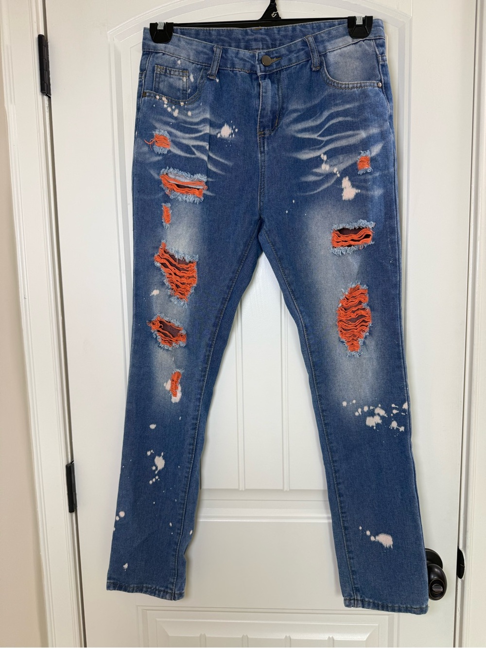 Y2K Distressed Paint Splatter Skinny Jeans Orange Shredded Denim Punk Grunge 15Y